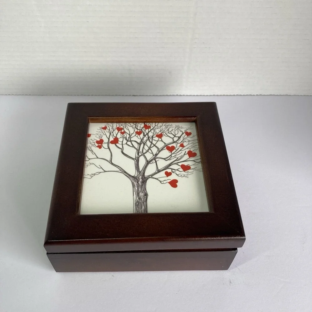Keepsake Trinket Mahogany‎ Wooden Hinged Box Tile Top